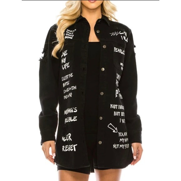 VICTORIOUS Uni Who I Am Distressed Button Up Denim Trucker Jean Jacket Shaket - Picture 2 of 16